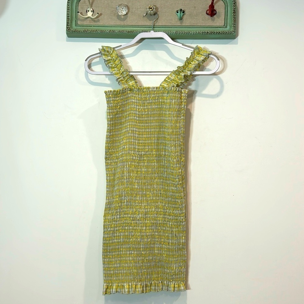 Emory Park Smocked ruffle strap mini dress yellow/grey checker print medium